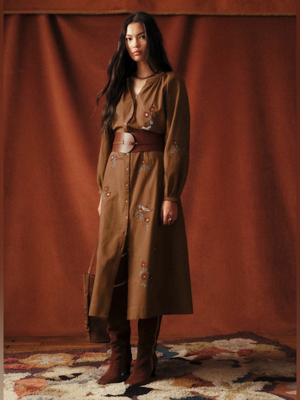 SÉZANE X BAZISZT Anyna Dress Coffee Brown with Floral Embroidery Size 34 NWT